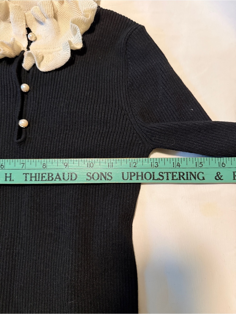 Sandro Paris Black Rib Knit Ruffle Collar Pearl Sweater Top S - Picture 6 of 8